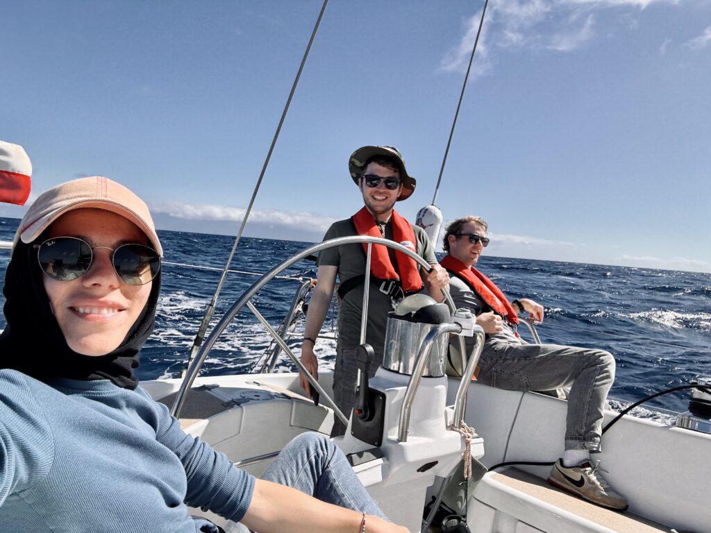 The crew, Erica, Tristan and Stefan sailing in the atlantic