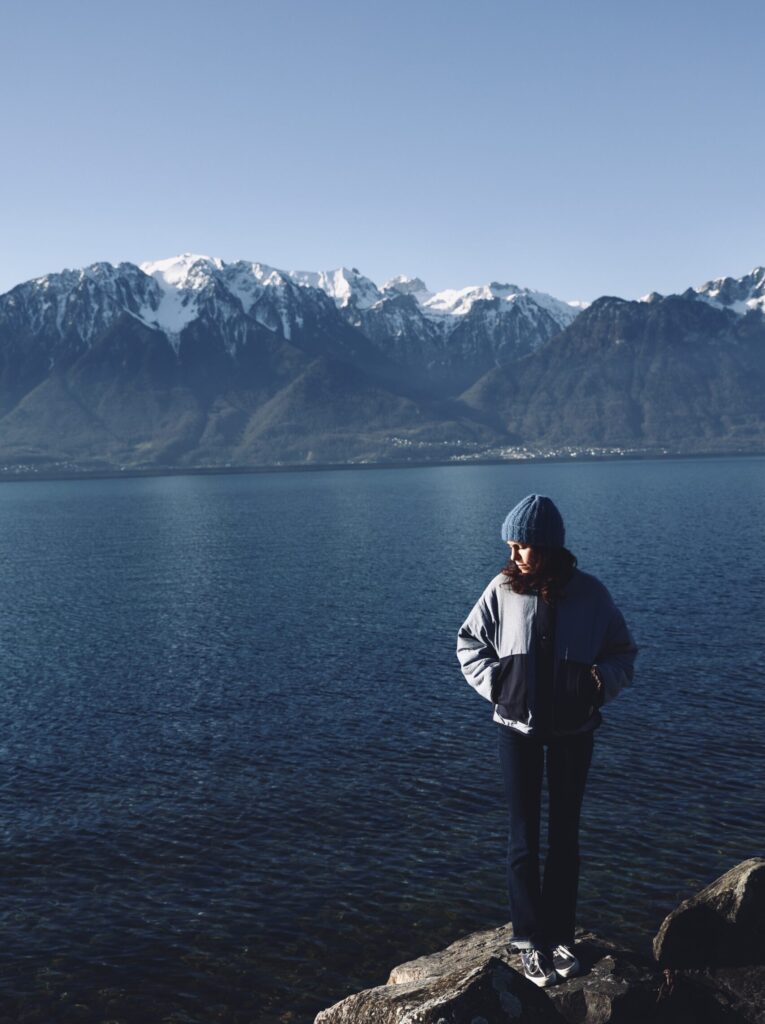 Erica wearing VAGOBEANIE, Grammont and lake Geneva in the background