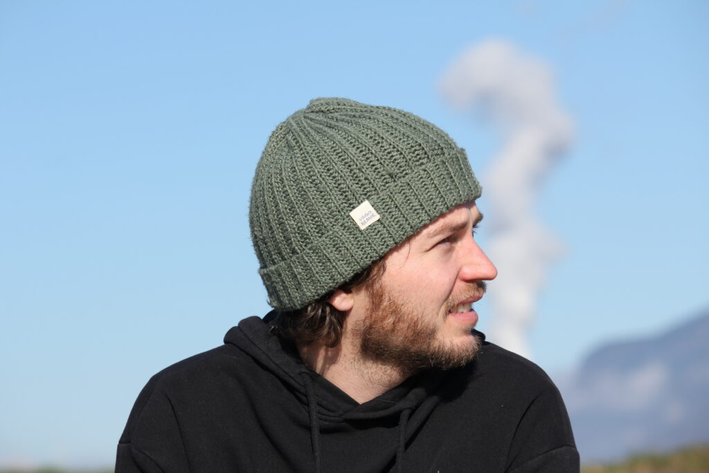 Stefan wearing VAGOBEANIE olive-green named STEFU